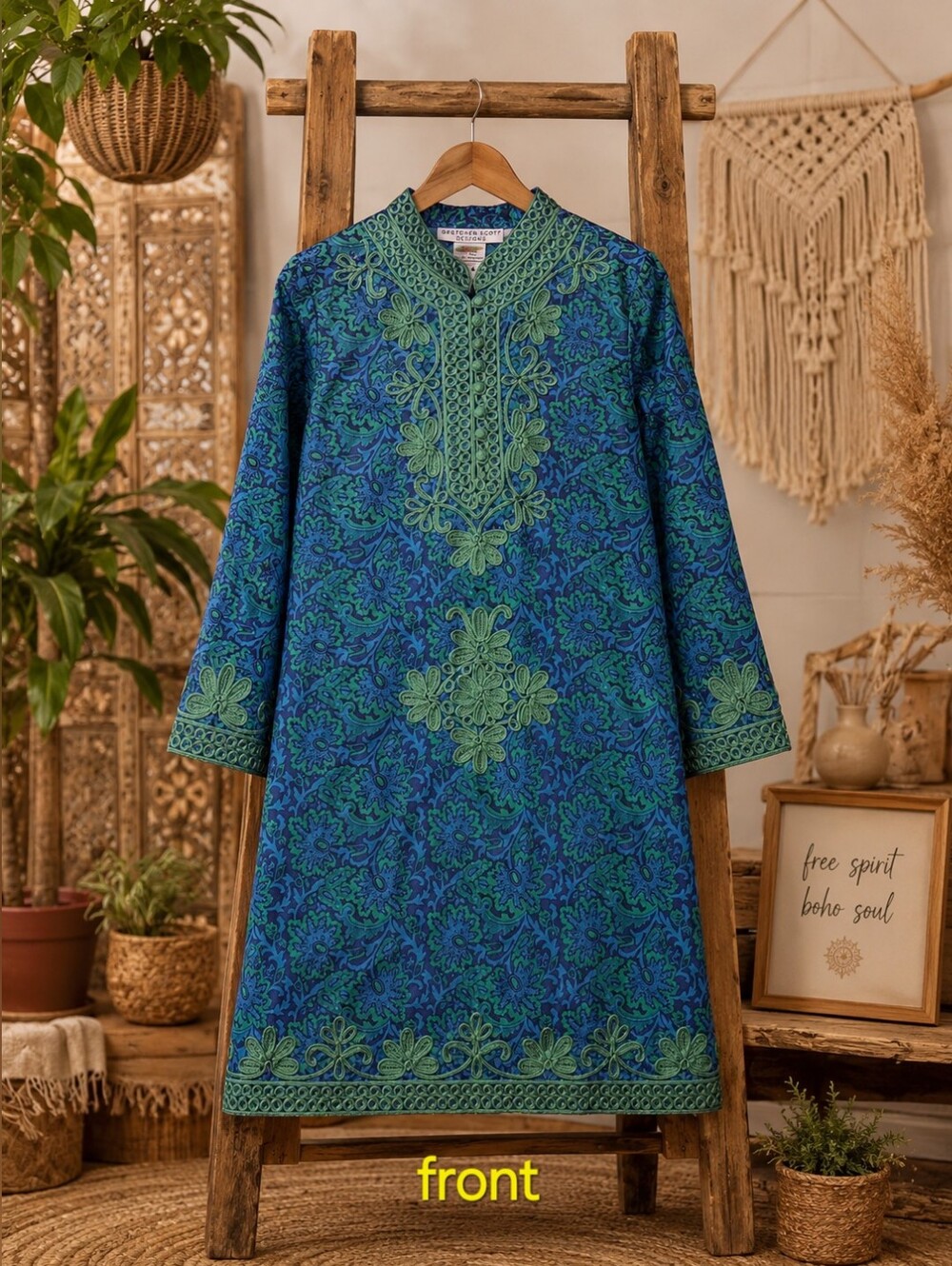 Gretchen Scott Blue & Green Embroidered Tunic Dress Small